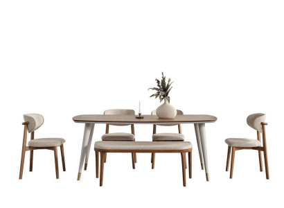 Chic Set Consists of Dining table and 4x Chairs + Stool in Dining room beige